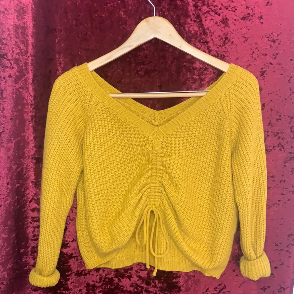 Yellow v neck sinched tie sweater size S